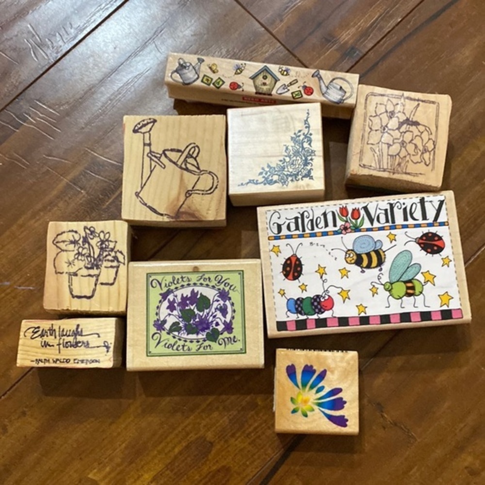 Lot 9 Vintage Wood Rubber Stamps Garden Flowers Birdhouse Watering Can